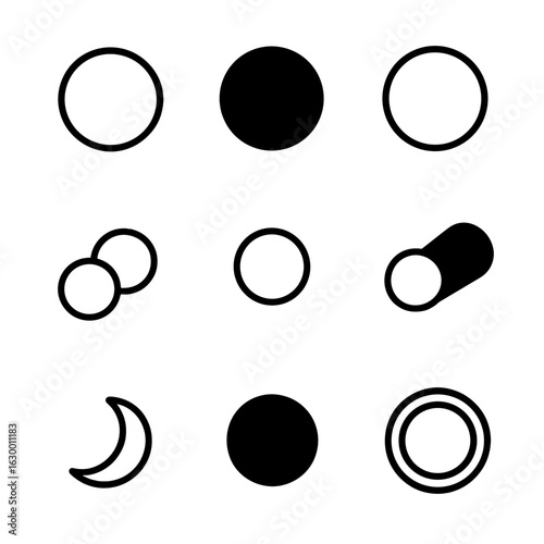 Lunar Eclipse Icons. Outline icon set of lunar eclipse stages: partial eclipse, total eclipse, penumbra, umbra, moon shadow, earth