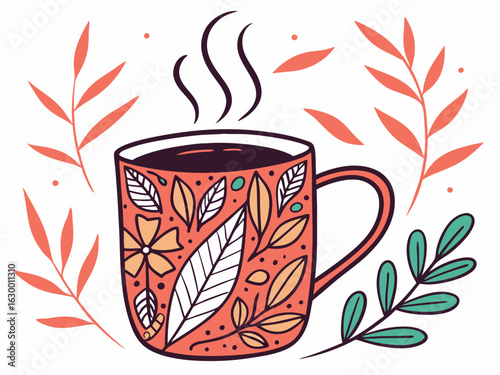 Vibrant coffee mug with colorful beans design, perfect for branding. A stylized illustration of a coffee mug filled with steaming coffee, featuring a vibrant pattern of coffee beans in various colors.