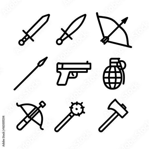 Weapon Icon Set. Outline icon set of enemy weapons: sword, dagger, bow and arrow, spear, gun, grenade, crossbow, mace, axe. Line