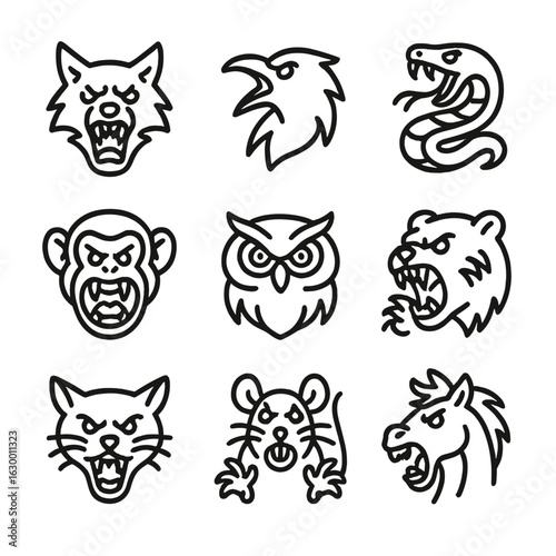Madness Animal Icons. Outline icon set of madness animals: snarling wolf, screeching raven, biting snake, frenzied monkey,