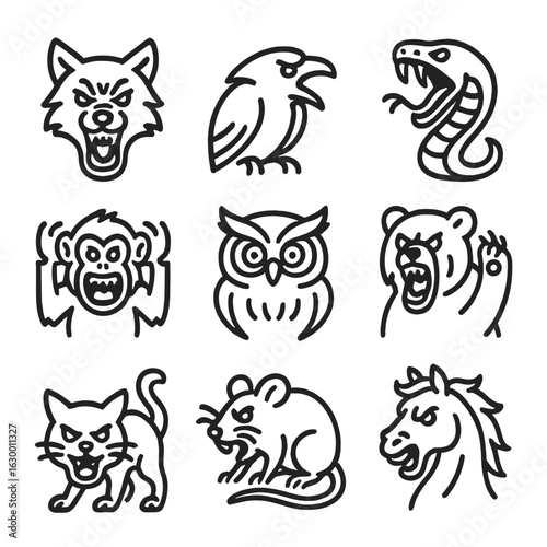 Madness Animal Icons. Outline icon set of madness animals: snarling wolf, screeching raven, biting snake, frenzied monkey,