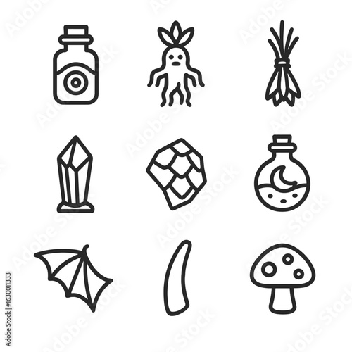 Magic Potion Ingredients. Outline icon set of potion ingredients: eye of newt vial, mandrake root, dried herb bundle, crystal