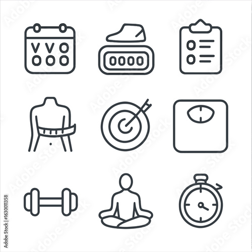 Fitness Planner Icons. Outline icon set of fitness planner visuals: workout calendar, step tracker, water intake log, body