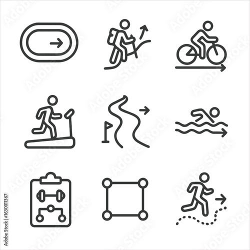 Fitness Path Icons. Outline icon set of fitness and exercise paths: running track, hiking trail, cycling route, treadmill path,