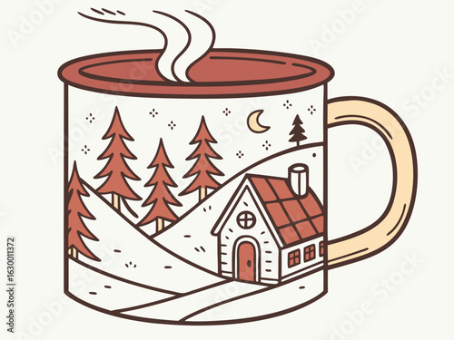 Vibrant coffee mug with colorful beans design, perfect for branding. A stylized illustration of a coffee mug filled with steaming coffee, featuring a vibrant pattern of coffee beans in various colors.