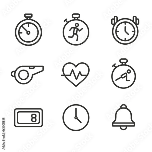 Fitness Timer Icons. Outline icon set of fitness timer: interval timer, running stopwatch, gym clock, countdown whistle, pulse