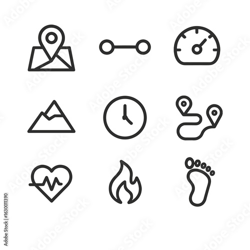 Fitness Tracking Icons. Outline icon set of tracking data: real-time location, distance, speed, altitude, timestamp, route, heart