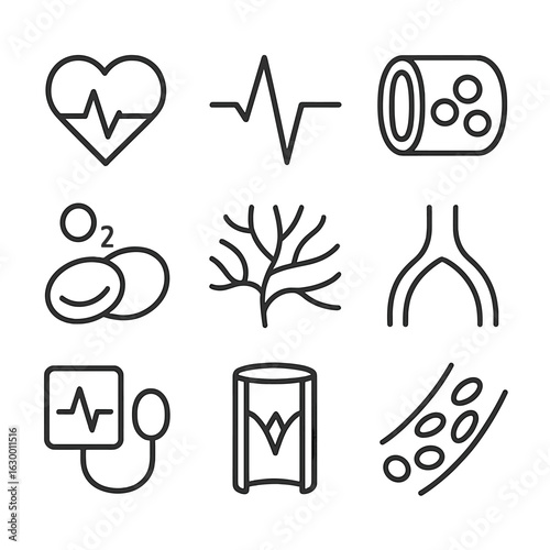 Blood Flow Icons. Outline icon set of blood flow and circulation: heartbeat, pulse wave, blood vessel cross-section, oxygen