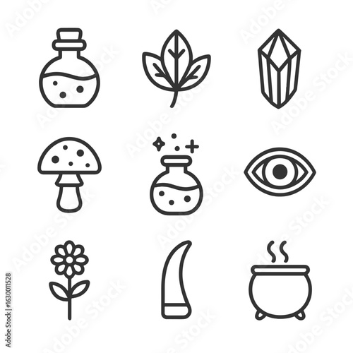 Magical Icon Collection. Outline icon set of mage potions and ingredients: potion bottle, herb leaf, crystal, mushroom, glowing