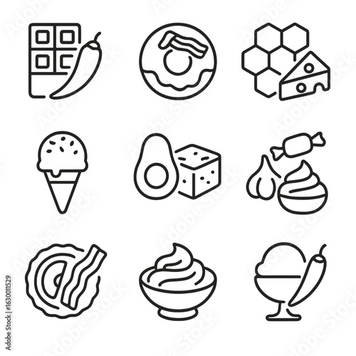 Sweet Savory Icons. Outline icon set of sweet and savory pairings: chocolate chili, maple bacon donut, cheese honeycomb, sesame