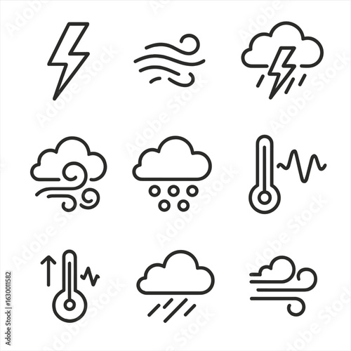 Weather Instability Icons. Outline icon set of instability in weather: lightning strike, unstable wind, sudden storm, swirling