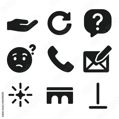 Connection Icon Grid. Solid, filled icons set of reconnection attempts and hesitations: extended hand icon,