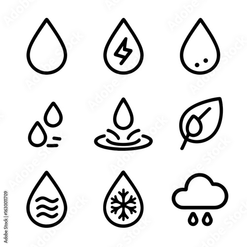 Weather Icon Set. Outline icon set of rain and weather drops: raindrop, thunderstorm drop, hail drop, drizzle, puddle splash,
