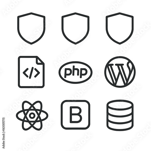 Web Design Icons. Outline icon set of web design technologies: HTML5, CSS3, JavaScript, PHP, WordPress, React, Bootstrap, API,