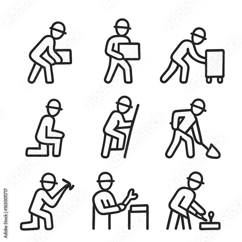 Manual Labour Icons. Outline icon set of manual labour postures: lifting, carrying, pushing, pulling, kneeling, climbing, digging,