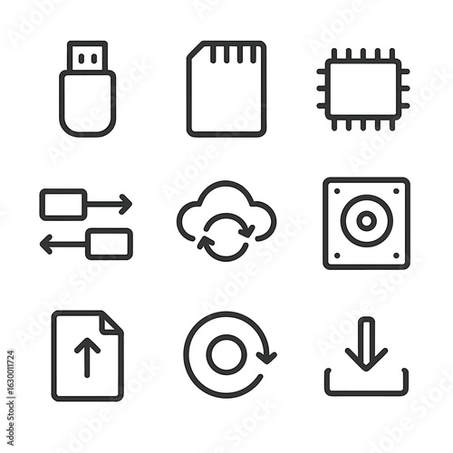 Flash Memory Icons. Outline icon set of flash memory and data: USB flash drive, SD card, memory chip, data transfer, cloud sync,