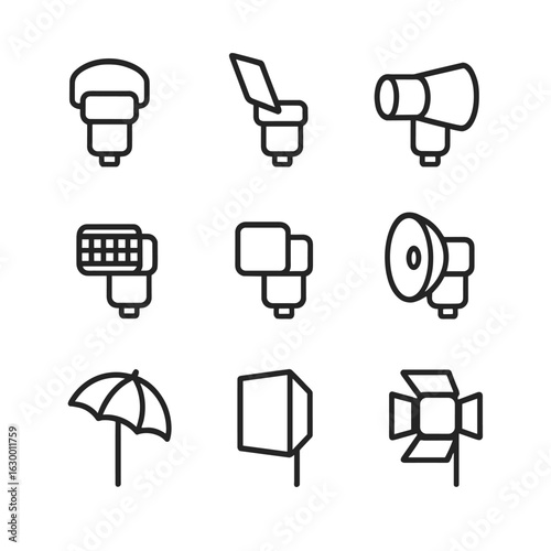 Flash Modifiers Icons. Outline icon set of flash modifiers: diffuser cap, bounce card, snoot, grid, gel filter, reflector dish,