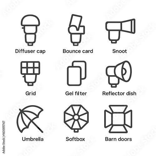 Flash Modifiers Icons. Outline icon set of flash modifiers: diffuser cap, bounce card, snoot, grid, gel filter, reflector dish,