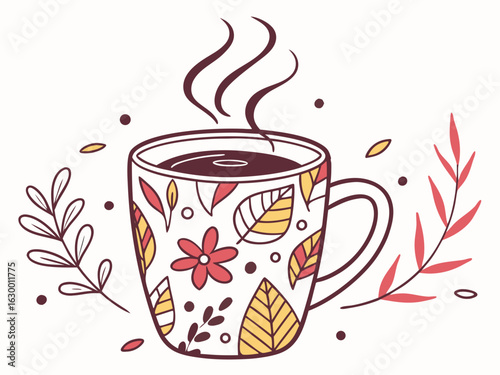 Vibrant coffee mug with colorful beans design, perfect for branding. A stylized illustration of a coffee mug filled with steaming coffee, featuring a vibrant pattern of coffee beans in various colors.