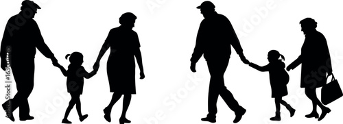 Silhouette of Grandparents Walking with Grandchildren Holding Hands