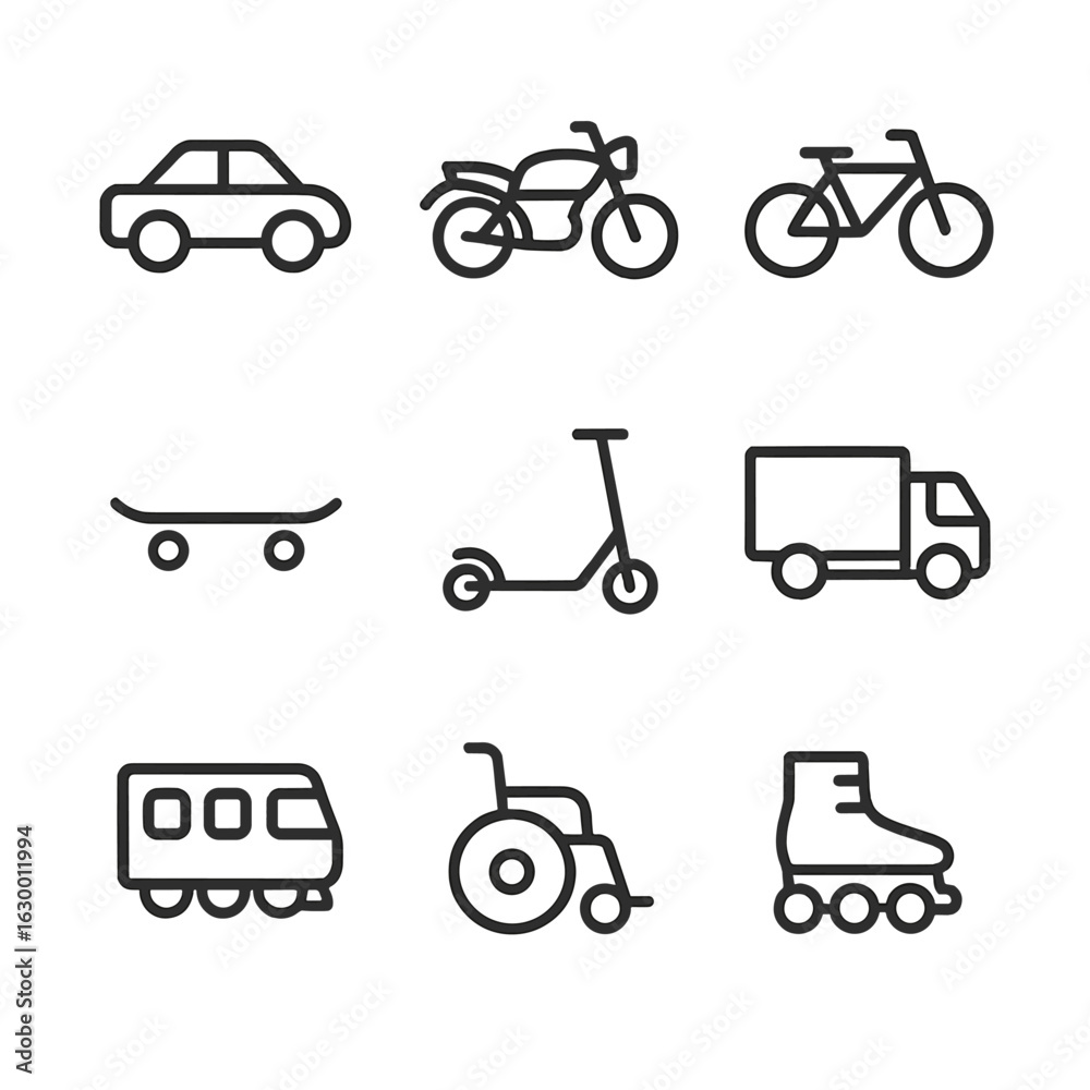 Fototapeta premium Wheel Vehicles Icons. Outline icon set of wheel-related vehicles: car, motorcycle, bicycle, skateboard, scooter, truck, train,