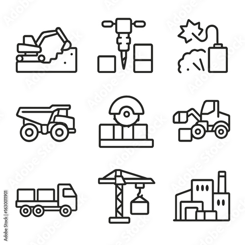 Marble Quarry Icons. Outline icon set of marble quarrying: excavation, drilling, blasting, hauling, cutting blocks, loading,