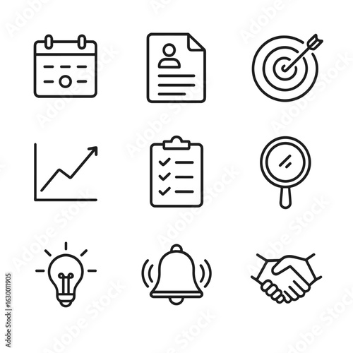 Therapy Journey Icons. Outline icon set of therapy journey stages: appointment calendar, intake form document, goal target icon,