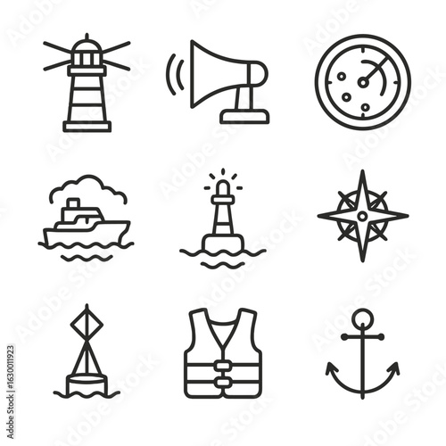 Maritime Fog Navigation Icons. Outline icon set of maritime fog navigation: lighthouse beam, foghorn speaker, radar screen with