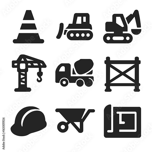 Construction Equipment Icons. Solid, filled icons set of construction site equipment: construction cone,