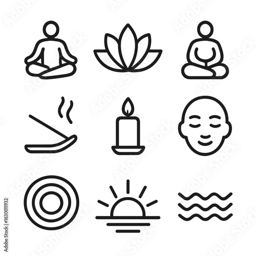 Wellness Icon Set. Outline icon set of sunrise meditation and wellness: yoga pose, lotus flower, meditation, incense, candle,