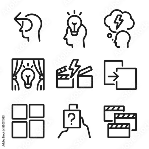 Flash Story Icons. Outline icon set of flash in storytelling: flashback, sudden idea, memory flash, light bulb moment, surprise