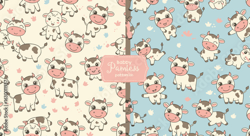 Two adorable cow pattern designs, perfect for baby or children's textiles.