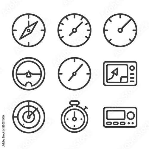 Flight Instrument Icons. Outline icon set of flight log instruments: compass, altimeter, airspeed indicator, attitude indicator,