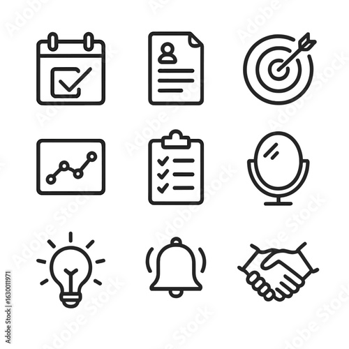 Therapy Journey Icons. Outline icon set of therapy journey stages: appointment calendar, intake form document, goal target icon,