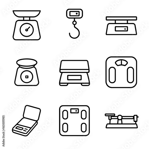 Weighing Instruments Icons. Outline icon set of weighing instruments: kitchen scale, luggage scale, postal scale, jewelry scale,