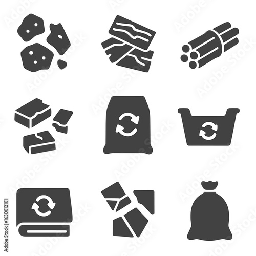 Construction Recycling Icons. Solid, filled icons set of construction recycling: concrete chunks, wood offcuts