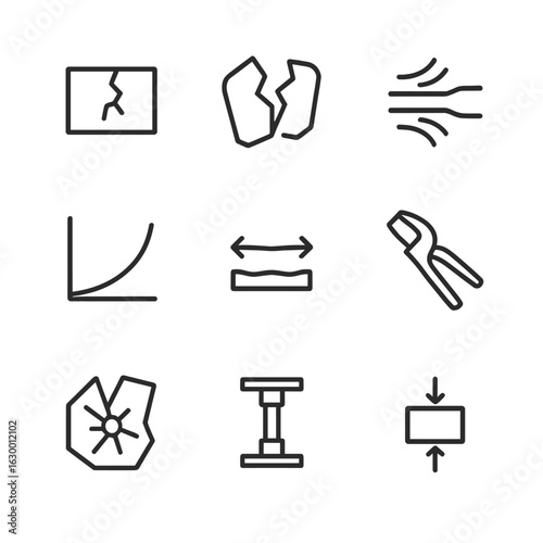 Material Tension Icons. Outline icon set of tension in materials science: cracked surface, fracture, stress lines, elasticity