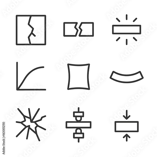 Material Tension Icons. Outline icon set of tension in materials science: cracked surface, fracture, stress lines, elasticity