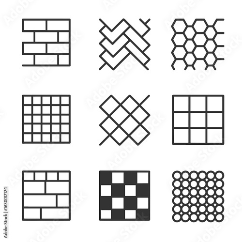 Tile Pattern Icons. Outline icon set of tile patterns and grout lines: subway tile, herringbone layout, hexagonal tile, mosaic