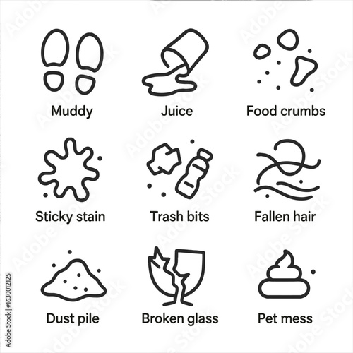 Floor Mess Icons. Outline icon set of dirty floor messes: muddy footprints, juice spill, food crumbs, sticky stain, trash bits,