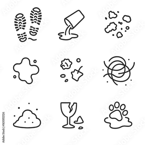 Floor Mess Icons. Outline icon set of dirty floor messes: muddy footprints, juice spill, food crumbs, sticky stain, trash bits,