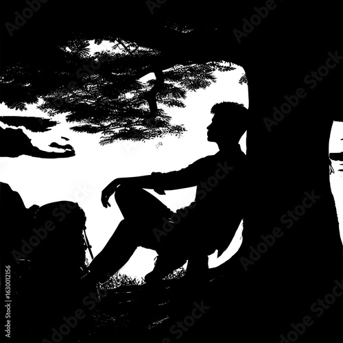 Man Resting with Backpack Under Tree
