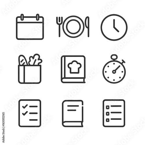 Meal Planning Icons. Outline icon set of meal plan: calendar, checklist, plate, utensils, clock, grocery bag, recipe book, timer,
