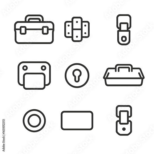 Toolbox Hardware Icons. Outline icon set of toolbox hardware components: toolbox base, lid hinge, main latch, side clasp, handle
