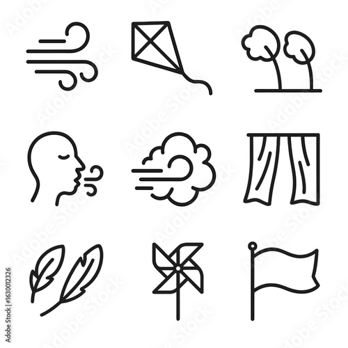 Wind Motion Icons. Outline icon set of wind motion: swirling wind lines, flying kite, bending trees, whistling sound waves, dust