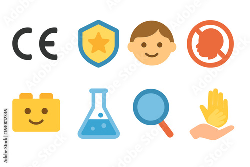 Toy Safety Icons. Flat vector mini-illustrations toy safety certifications in colors children's illustrations: CE mark, ASTM badge