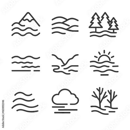 Foggy Landscape Icons. Outline icon set of foggy landscapes: misty mountain, low lying fog, foggy forest, fog over lake, foggy