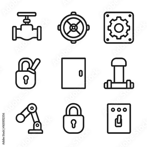 Mechanical Parts Icons. Outline icon set of closed mechanical parts: closed valve, sealed hatch, shut gear case, locked lever,