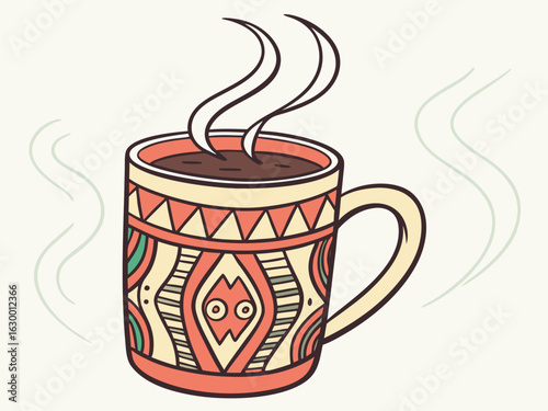 Vibrant coffee mug with colorful beans design, perfect for branding. A stylized illustration of a coffee mug filled with steaming coffee, featuring a vibrant pattern of coffee beans in various colors.