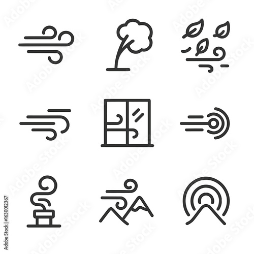 Wind Icon Set. Outline icon set of wind howl: gust swirl, bending tree, swirling leaves, whistle lines, window rattling outline,
